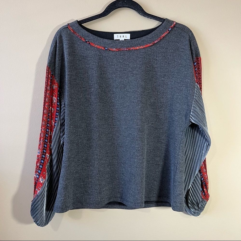 THML Gray Knit Top with Red Printed Sleeve Panels